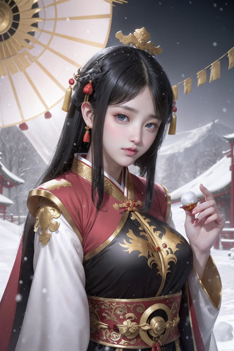 1girl,black hair,Beautiful face, Asian woman, Chinese style clothing,Red cape,upper body,outdoors,snow,snowing,solo,winter,Master lens, golden ratio composition, (Canon 200mm f2.8L) shooting, large aperture, background blur.