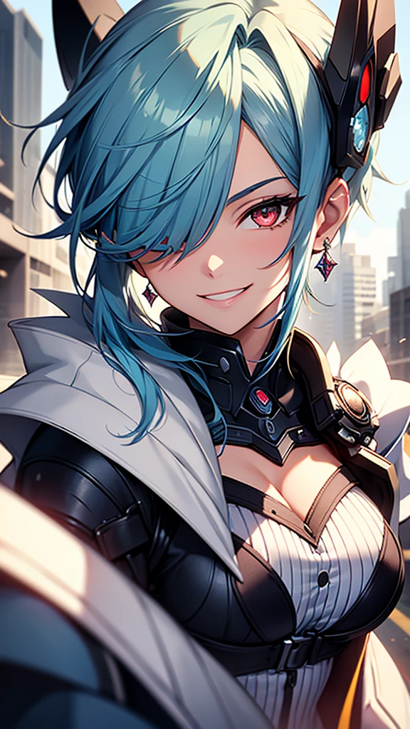 High resolution, One girl, chest, Blue Hair/Light blue hair, Cowboy Shot, Big chest, Red eyes, Big chest, Earrings, smile, smiling, 8k octane, High resolution, masterpiece, High detail, High-resolution model, high quality, Textured skin, Action Painting, Crystal Earrings, Smiling with teeth showing, One-eye eye mask, 