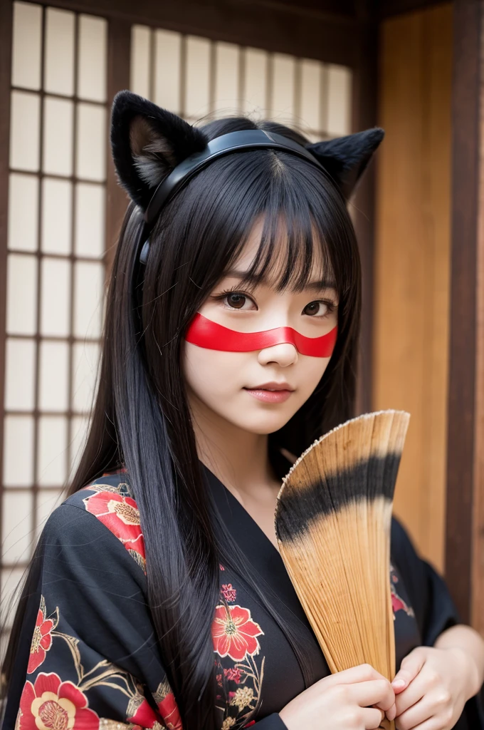 Ultra-realistic capture, Highly detailed, High resolution 16k close-up of human skin. Skin texture must be natural, With such detail that pores can be finely identified, Skin should look healthy, In a uniform tone, Use natural light and color, photo realistic, Full Body Shot, full body, girl wearing a black and red costume holding a fan and a japaneese fox mask, with kitsune mask, wearing a japaneese kitsune mask, japaneese fox mask on head, kitsune mask, japaneese, anime cosplay, kitsune, yukata clothing a beautiful