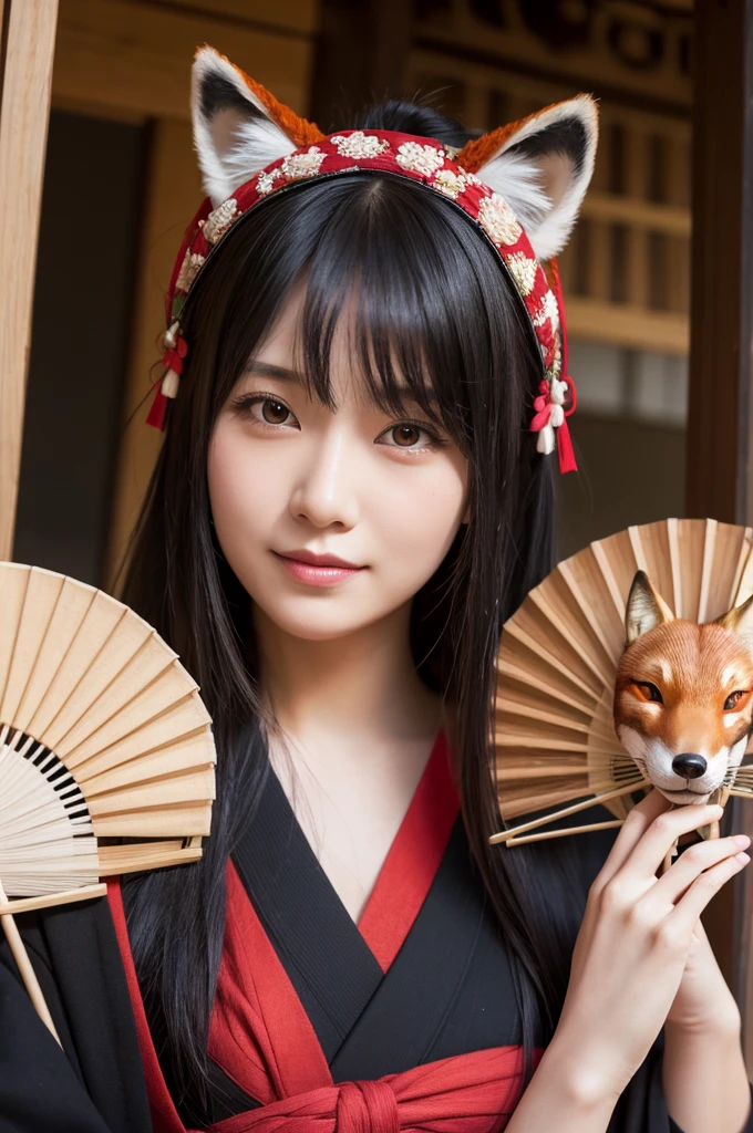Ultra-realistic capture, Highly detailed, High resolution 16k close-up of human skin. Skin texture must be natural, With such detail that pores can be finely identified, Skin should look healthy, In a uniform tone, Use natural light and color, photo realistic, Full Body Shot, full body, girl wearing a black and red costume holding a fan and a japaneese fox mask, with kitsune mask, wearing a japaneese kitsune mask, japaneese fox mask on head, kitsune mask, japaneese, anime cosplay, kitsune, yukata clothing a beautiful