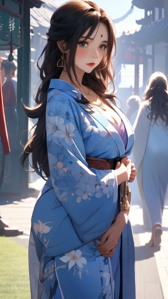 40 year milf women, wearing yukata ,thigh high ,shoulder off:1.8,big breast:1.7,cleavage:1.4,purple hair,long hair,red lip,leg off,hair down,standing , leaning forward,holding the yukata  from falling ,long_hair, brown_hair, bangs, hair_between_eyes, blue_eyes, headphones_around_neck, headphones, blush, closed_mouth, shiny_hair,nakano_miku_gotoubunnohanayome,erotic pose,Chinese style,mature women,she has long and wavy blond hair, blue eyes, full lips, and a beauty mark located under the right side of her mouth.[4] She is well known for her curvaceous figure; of which her most distinctive trait is her very large breasts. She dresses in the typical shihakushō of the Shinigami, though she lets her robes hang loose for her ample bosom to be revealed. She wears a thin golden necklace tucked between her cleavage and a long pink scarf over her shoulders. ,nar_kurenai_yuhi