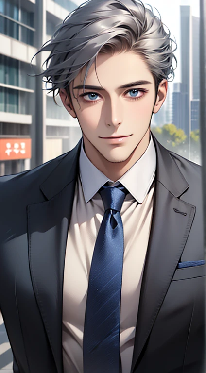 (best quality,4k,8k,highres,masterpiece:1.2),ultra-detailed,(realistic,photorealistic,photo-realistic:1.37),1 man,31 years old,mature man,very handsome,without expression,smile,short grey blue hair,blue eyes,penetrating gaze,perfect face without errors,imposing posture,businessman,office background,cinematic lighting,hdr image