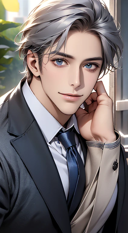 (best quality,4k,8k,highres,masterpiece:1.2),ultra-detailed,(realistic,photorealistic,photo-realistic:1.37),1 man,31 years old,mature man,very handsome,without expression,smile,short grey blue hair,blue eyes,penetrating gaze,perfect face without errors,imposing posture,businessman,office background,cinematic lighting,hdr image