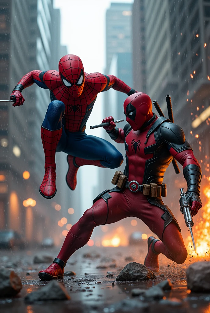 spiderman and Deadpool fighting