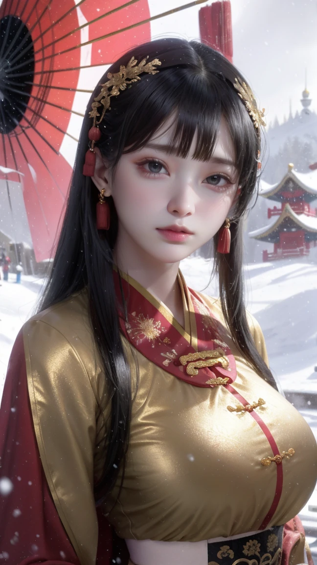 1girl,black hair,Beautiful face, Asian woman, Chinese style clothing,Red cape,upper body,outdoors,snow,snowing,solo,winter,Master lens, golden ratio composition, (Canon 200mm f2.8L) shooting, large aperture, background blur.