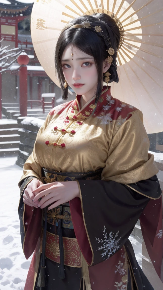 1girl,black hair,Beautiful face, Asian woman, Chinese style clothing,Red cape,upper body,outdoors,snow,snowing,solo,winter,Master lens, golden ratio composition, (Canon 200mm f2.8L) shooting, large aperture, background blur.