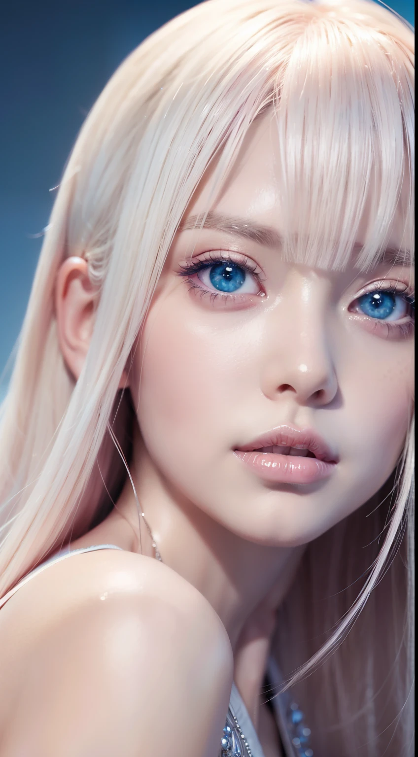 Beautiful girl with super long light pink platinum blonde hair、Bangs between the eyes、Tabletop, Highest quality, figure, Very detailed, In detail, High resolution, 8k wallpaper, Perfect dynamic composition, Beautifully detailed bright sparkling pale sky blue eyes,Very large eyes、 Women's Fashion Summer,Super long hair,Huge boobs、Natural color lip, Bold sexy pose,,cute、20-year-old girl、Beautiful girl with a small face、sexy shot looking at camera、Cheek gloss highlighter