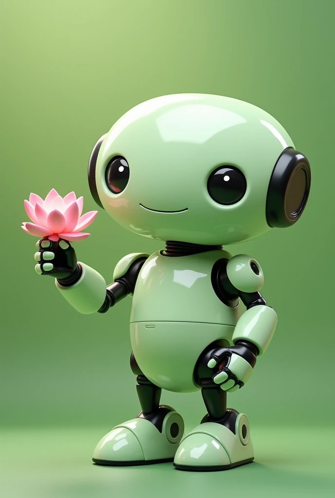 Light green chubby friendly robot with a lotus flower in the palm of its hand