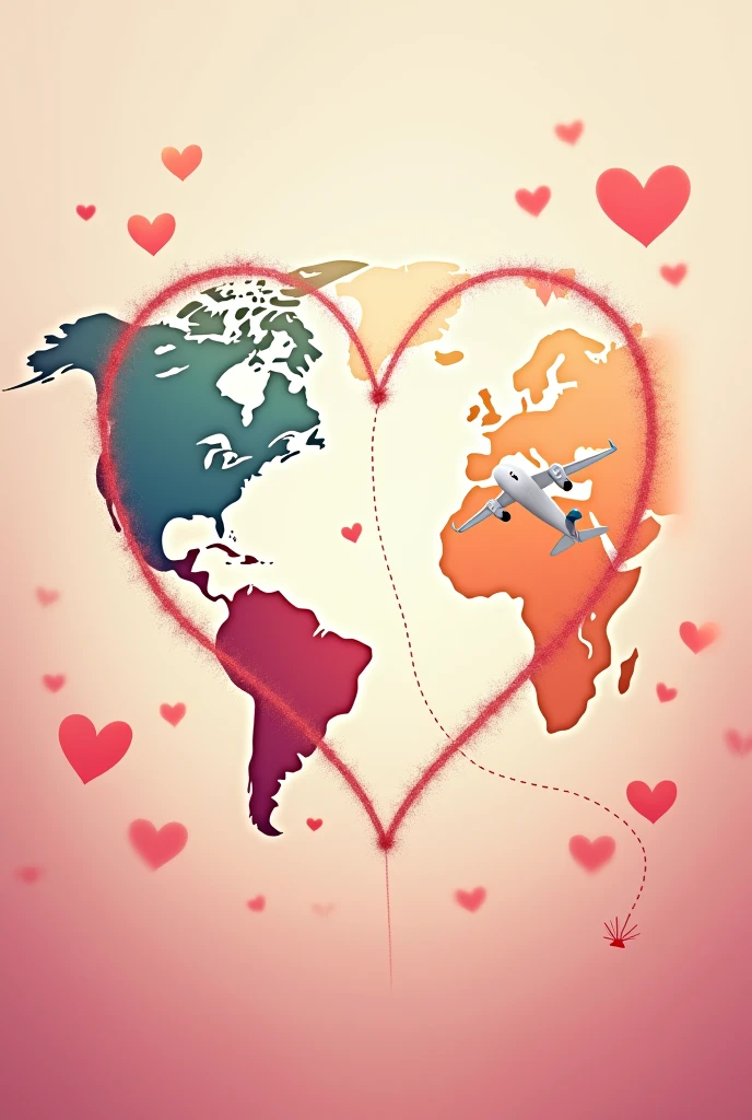 A geographical image showing the United States and Guatemala connected by a dotted line, with an airplane flying over the route drawn between the two countries, hearts in the background, and a tender love frame.