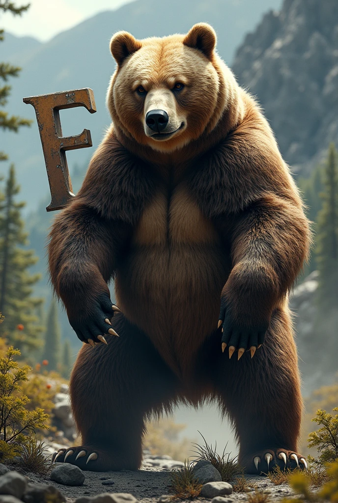Erstelle das Bild von einem Bär der den BuchstaBen F darstellt mit seiner position. Also z.B. his arms etc