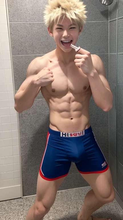 Japanese high school boy、、Well-developed muscles and smooth skin、Pale blonde hair, spiky like Bakugou、Light red boxer briefs、The whole body is visible from toes to head、Fist pump in the bathroom、Hero Academy、He laughed fearlessly, showing his teeth.