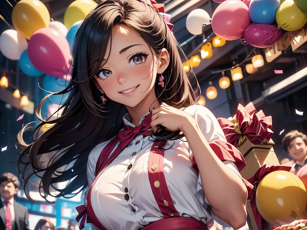 Create a high-resolution, original anime-style artwork featuring a joyful girl celebrating a special occasion with a lively, festive atmosphere. The focus should be on her large, intricate eyes that shimmer with happiness and excitement, capturing her contagious expression. She is slightly distanced from the camera, with her hands subtly out of view to maintain the attention on her expressive face. The background is a vibrant celebration scene filled with colorful confetti, streamers, balloons, and a birthday cake, with a man and woman happily enjoying the moment together. The entire scene radiates joy, laughter, and the warmth of a birthday celebration in a beautifully detailed, dynamic setting.
