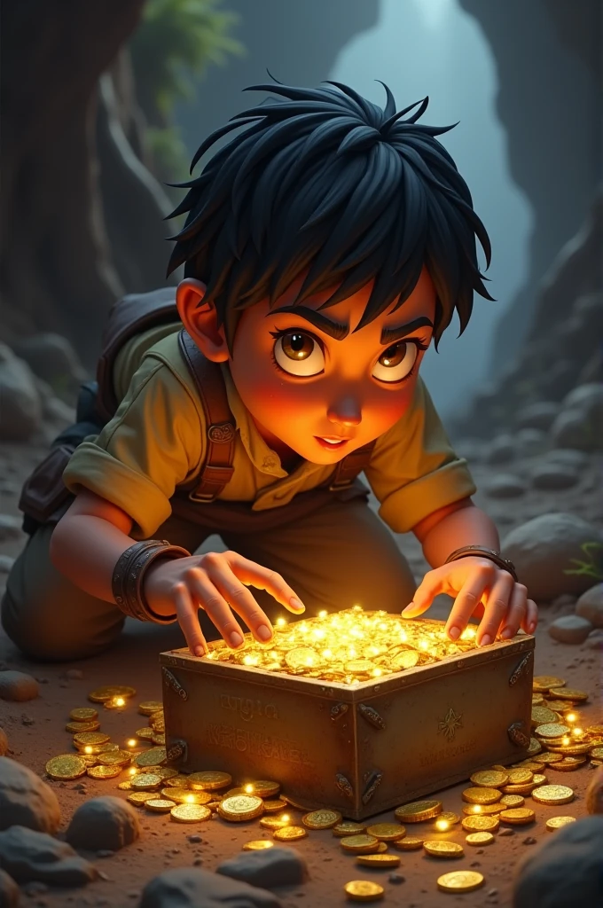 Rahul discovers a rusty, old metal box buried in the ground. As he opens it, a golden glow emanates from inside, revealing ancient coins and precious gems. Rahul’s face lights up with excitement and amazement, realizing the success of his adventure.