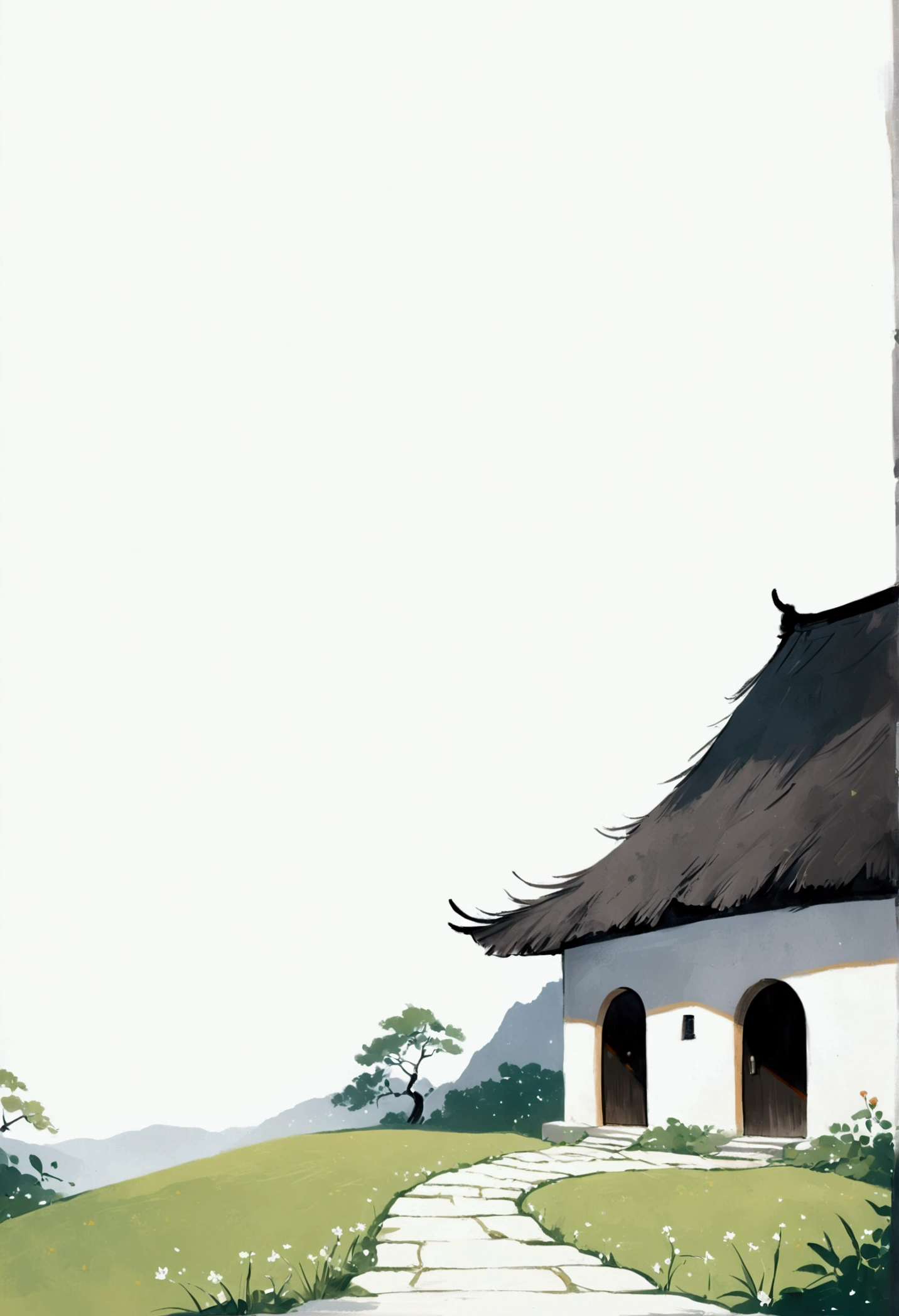 Sky占比2/3.Chinese Ink Painting Sketch:Peaceful and Freehand,artistic conception:2.Dot,A thatched cottage on a winding path,Minimalism,White background。(((Negative Space:2,Large area of blank:2, Bottom left corner composition)))。niji6 style