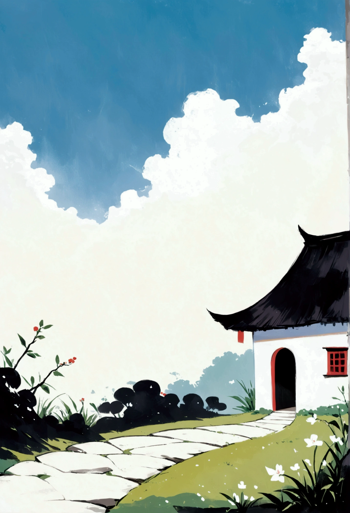 Sky占比2/3.Chinese Ink Painting Sketch:Peaceful and Freehand,artistic conception:2.Dot,A thatched cottage on a winding path,Minimalism,White background。(((Negative Space:2,Large area of blank:2, Bottom left corner composition)))。niji6 style