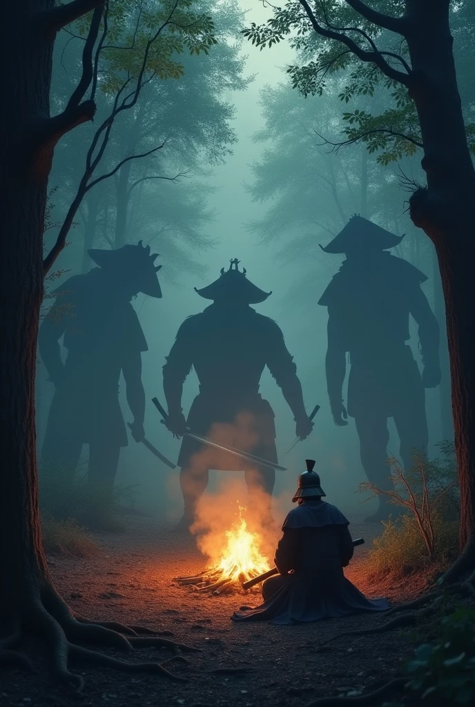 several shadows of creatures appearing in the dense forest around a samurai who is sitting around a fire