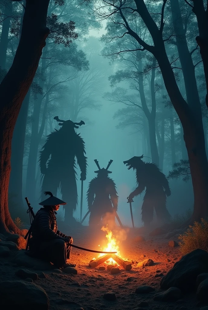 several shadows of creatures appearing in the dense forest around a samurai who is sitting around a fire