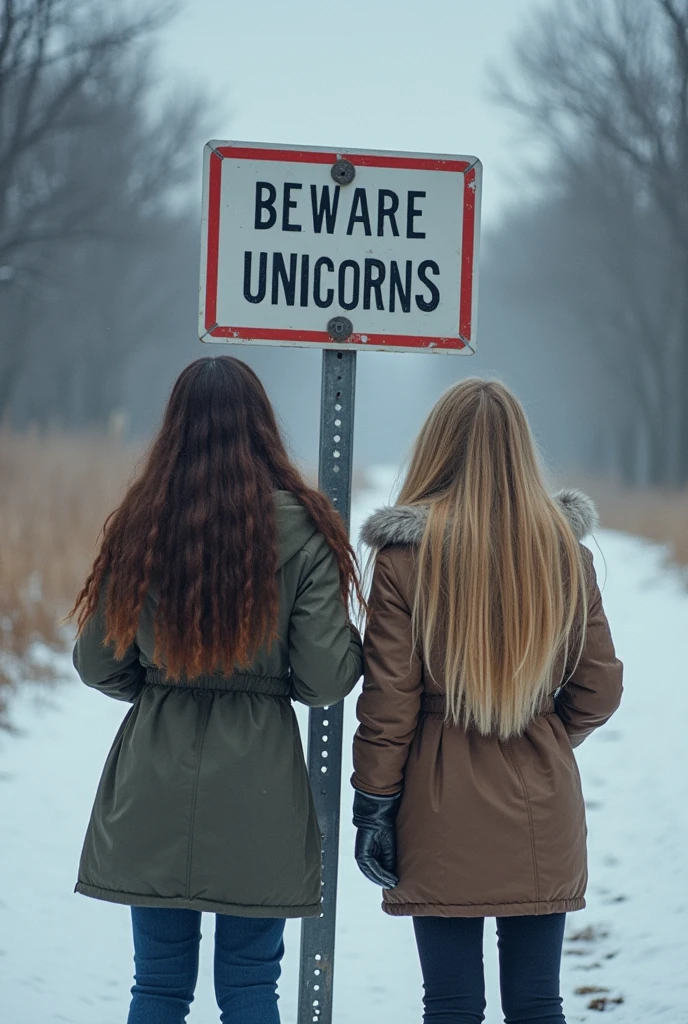 two 13-year-old girls , a brunette and a blonde with their backs to the camera, pointing at a sign that reads 'Beware Unicorns' in a very cold and realistic place
