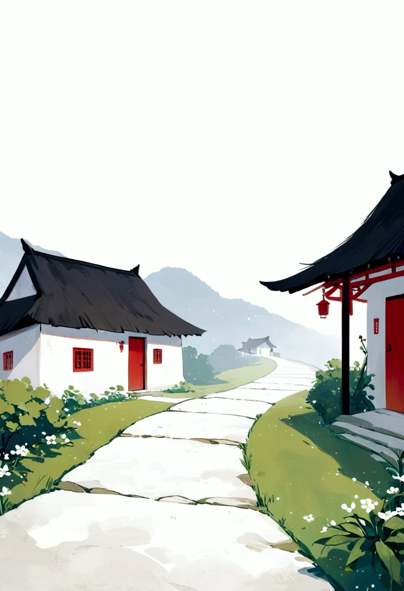 Sky占比2/3.Chinese Ink Painting Sketch:Peaceful and Freehand,artistic conception:2.Dot,A thatched cottage on a winding path,Minimalism,White background。(((Negative Space:2,Large area of blank:2, Bottom left corner composition)))。niji6 style