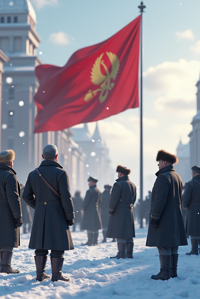 Men with the URRS flag in background in city of Russia in snow 3D Animation