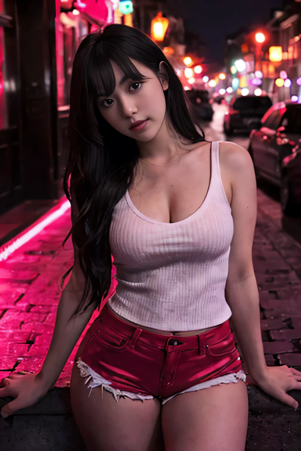 lady, posing seductively to viewer, solo:1, pov, beautiful thick thighs,
red light district background, long hair, 3/4 body, V neck mini hot shorts