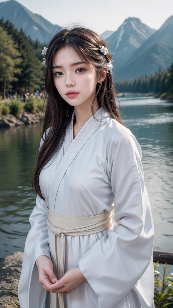 best quality, masterpiece, high resolution,, 1 Girl, Delicate face, (Upper Body:1.6), Network City, Mountains and rivers, night, Firefly Lights, Practical, Rich in details, (White Hanfu:1.2), (Beautiful Body:1.4),