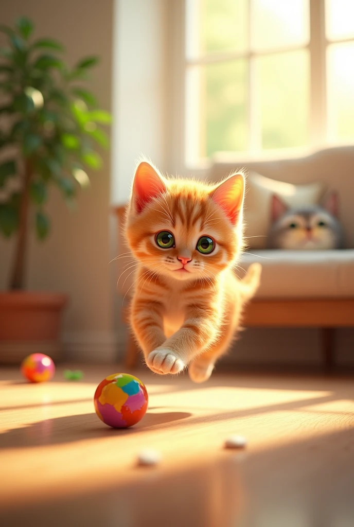 A playful kitten with bright green eyes and soft fur, pouncing on a colorful toy in a cozy living room. Sunlight filters through a window, casting a warm glow on the scene. The room has a comfy couch, a few cat toys scattered around, and a potted plant in the corner."