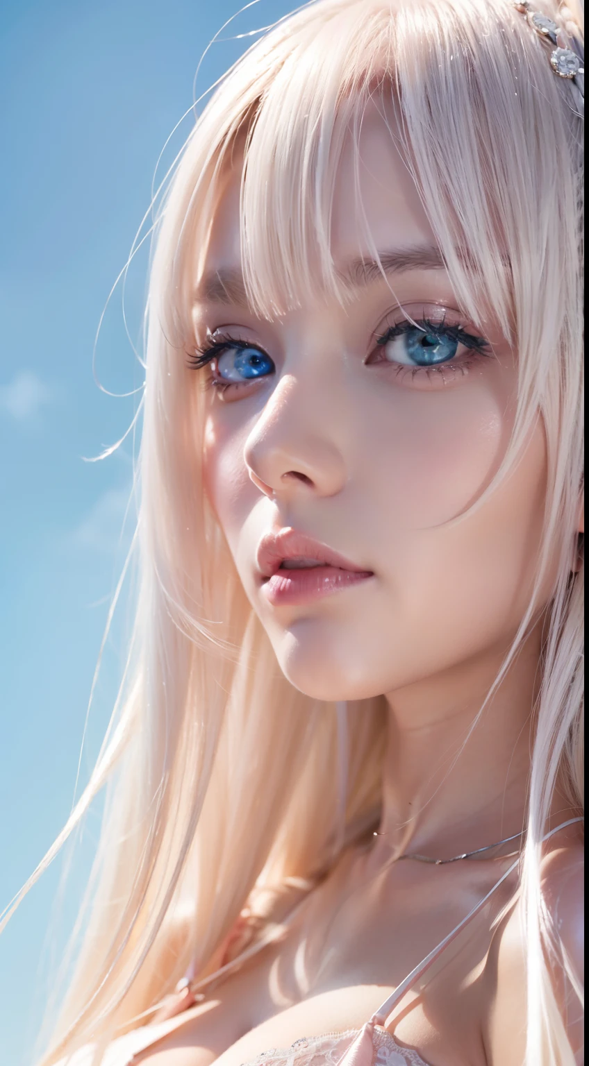 Beautiful girl with super long light pink platinum blonde hair、Bangs between the eyes、Tabletop, Highest quality, figure, Very detailed, In detail, High resolution, 8k wallpaper, Perfect dynamic composition, Beautifully detailed bright sparkling pale sky blue eyes,Very large eyes、 Women's Fashion Summer,Super long hair,Huge boobs、Natural color lip, Bold sexy pose,,cute、20-year-old girl、Beautiful girl with a small face、sexy shot looking at camera、Cheek gloss highlighter