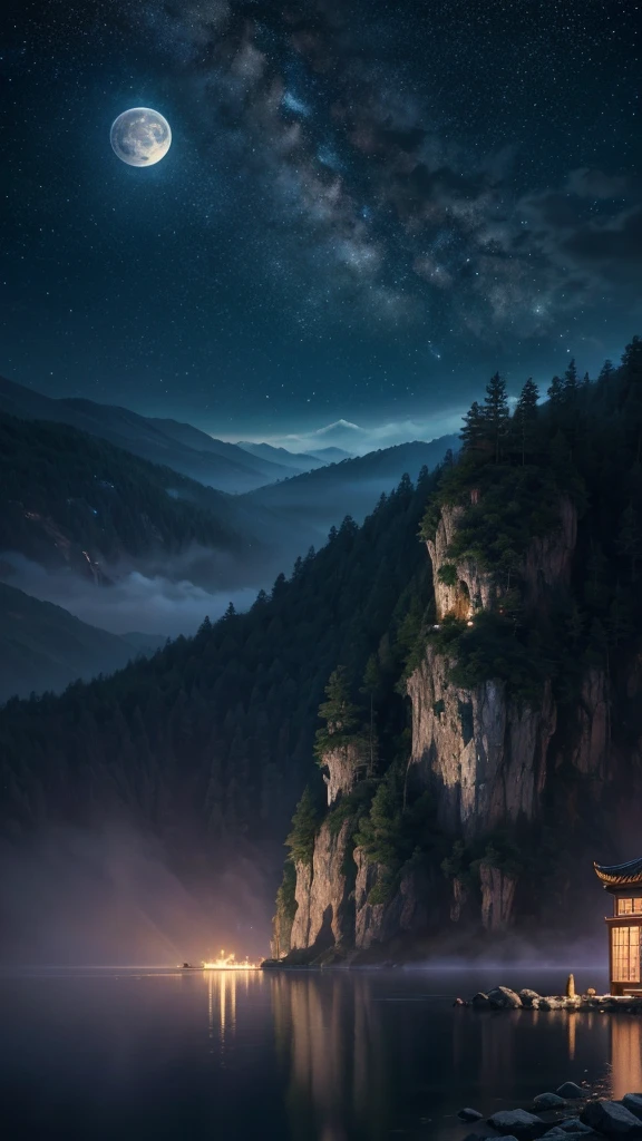 In a painting of Jiangtianxingyue,A highly concentrated beauty, Concept art inspired by Tosa Mitsuka, Pixiv competition winner, best quality, Fantasy Art, Beautiful anime scene, A bright moon, Starry Sky environment in the moonlight, dream, Anime Background art, Fantasy Landscape Art, Magical night, Anime Background, Background artwork, Wonderful Art, Atmosphere Animation, Starry Sky, Detail Enhancement.