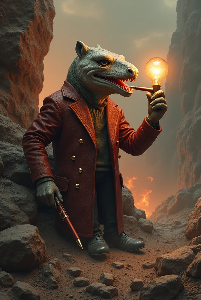 A rock shaped like a lamp in hell eating a ballpoint pen with a Gucci jacket