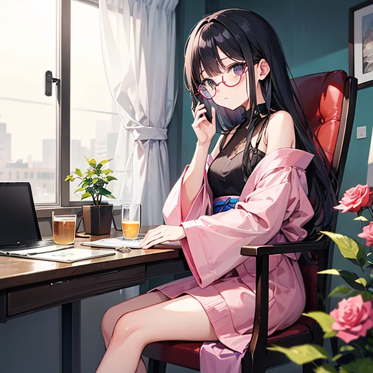 Japanese woman sitting on a chair，Glasses on his face, Sun Glasses, wear glasses, Urzan, woman wearing rose colored glasses, Money Lumrat, Wearing thin and big round glasses, wearing pink glasses, Wearing small round glasses, Portrait of Gis Blake Pink, blackpink jisoo, blackpink jisoo, Square glasses, Sun Glasses