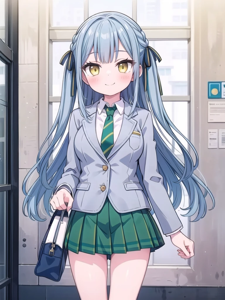 1girl, masterpiece, best quality, perfect hands, blush, togawa sakiko, braid, green striped necktie, white collared shirt, grey blazer, green pleated skirt, long hair, black hair ribbon, bangs, yellow eyes, cowboy shot, smile, blue hair, two side up, bare legs, closed mouth, school uniform, uniform