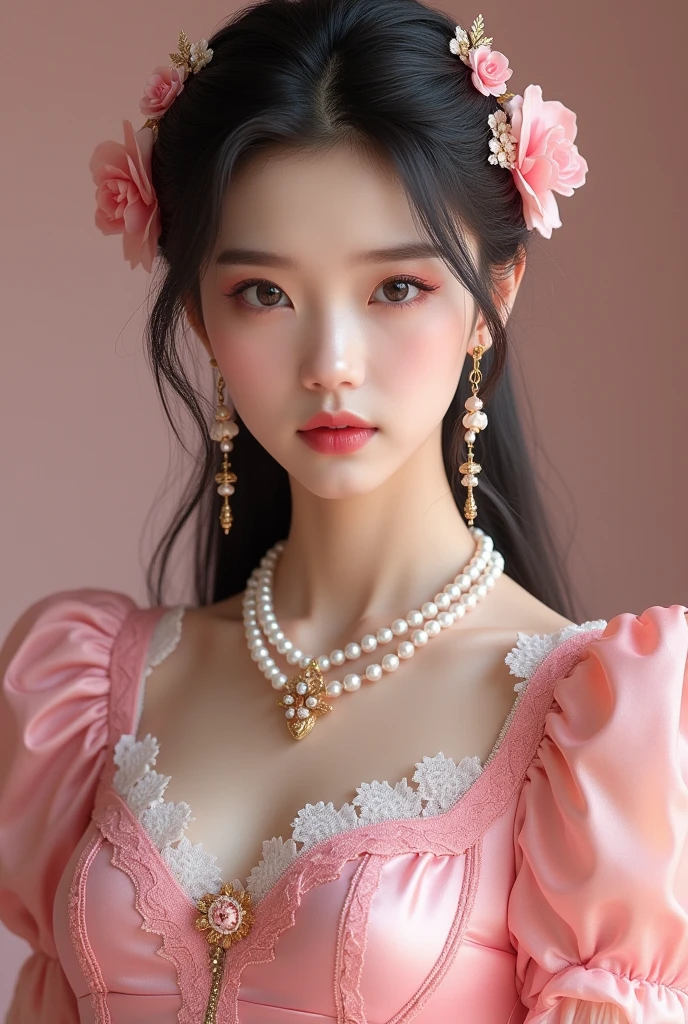 An elegant, mature young woman wearing a pink lolita outfit。Full body front view、Asian、The skin is relatively white、Luxurious clothing、Silky transparent lace on the clothes、Gold wire trim、Jewelry decoration、A pearl necklace hangs around her neck。