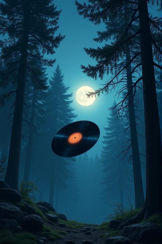 A night with pine trees and a flying vinyl record