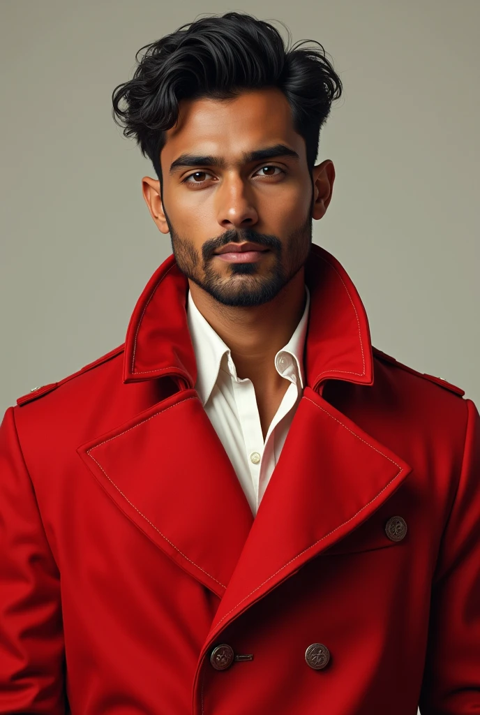 19 year indian old slightly thin guy with trimmed mustache and  beard in red coat with inner white