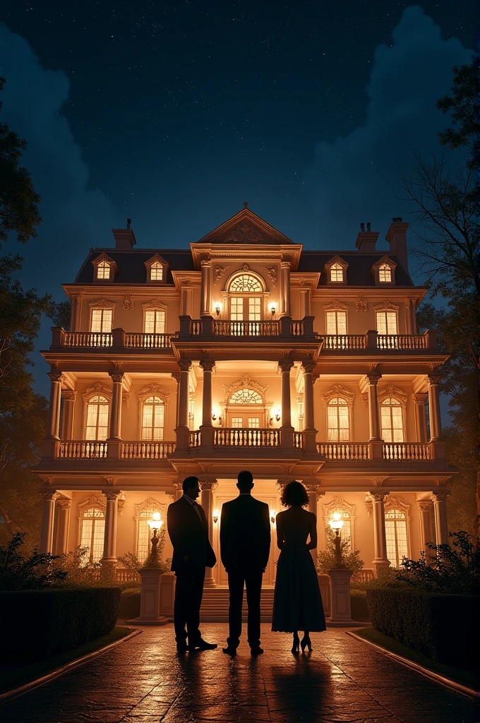 Night view lights on building luxurious house and standing men