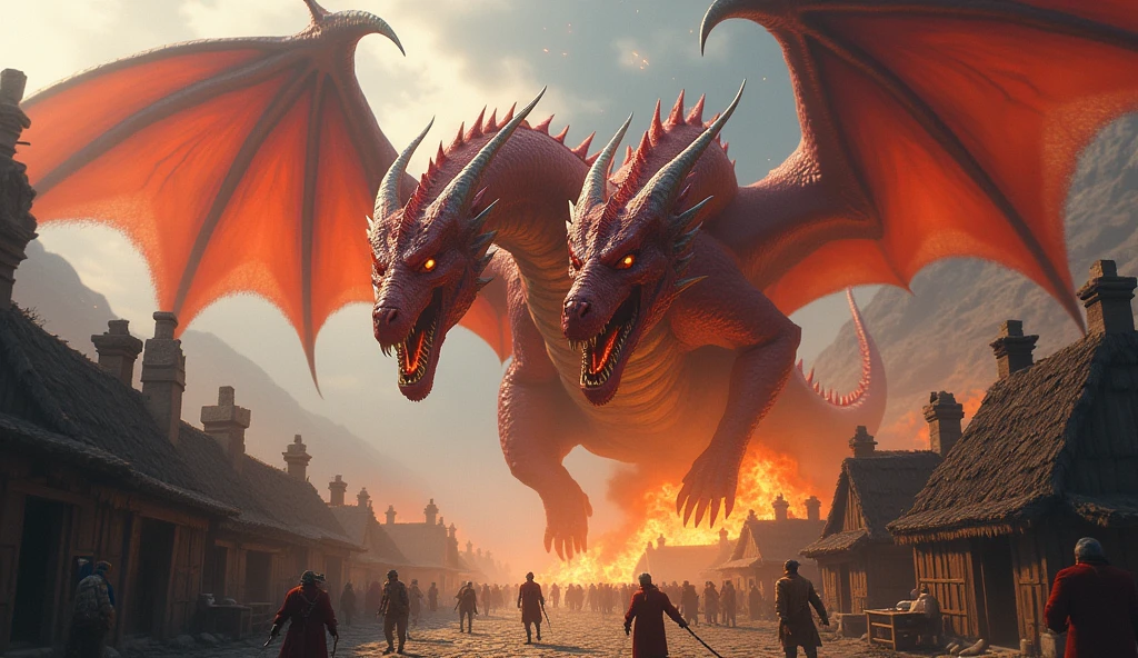 Create a dragon with two heads, red body, huge wings, breathing fire,attacking a village.