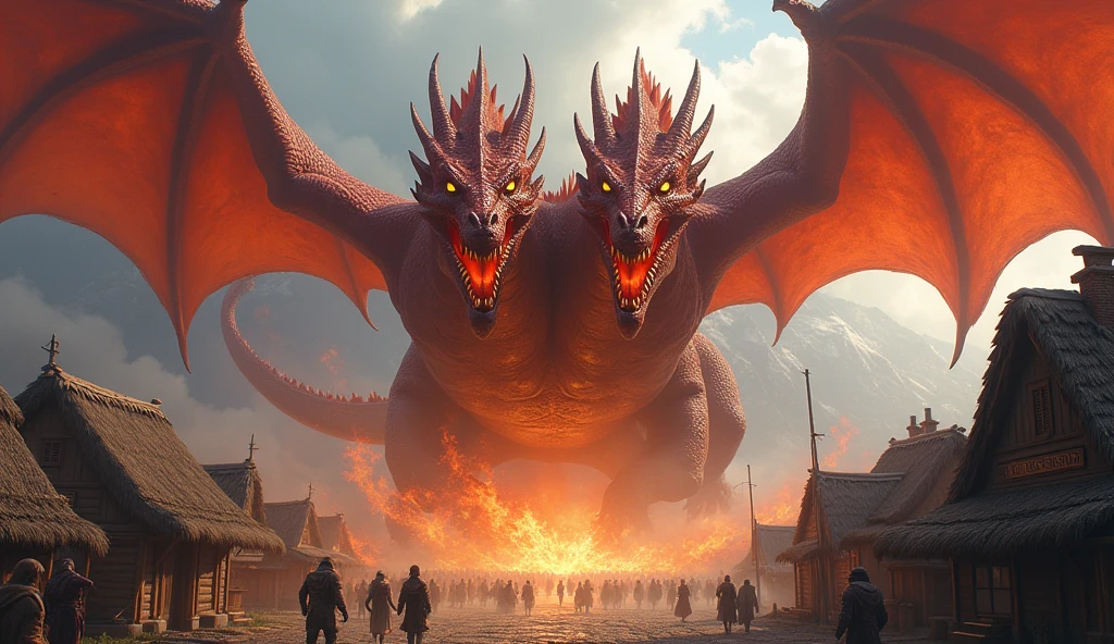 Create a dragon with two heads, red body, huge wings, breathing fire,attacking a village.