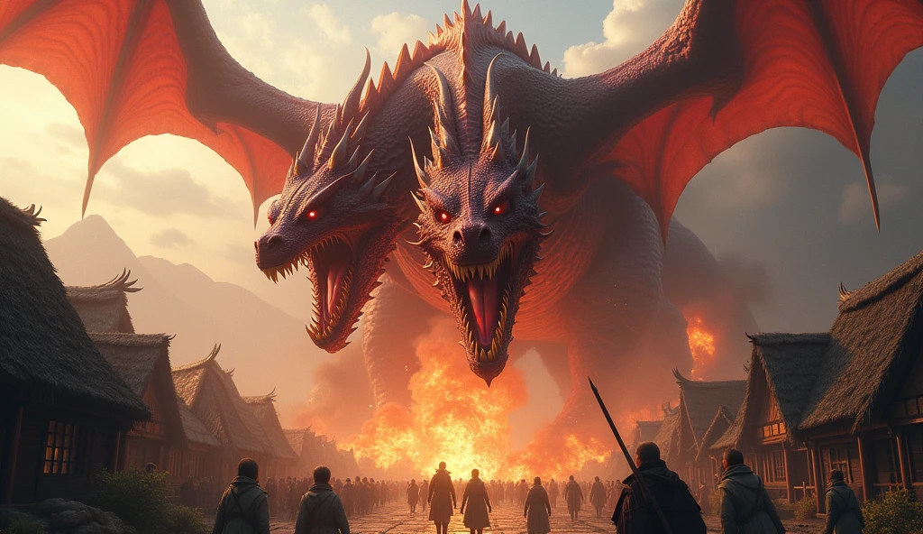 Create a dragon with two heads, red body, huge wings, breathing fire,attacking a village.
