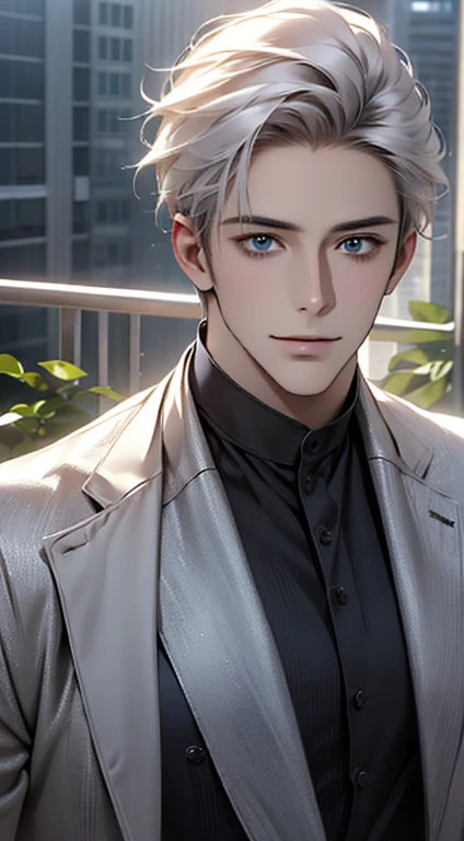 (best quality,4k,8k,highres,masterpiece:1.2),ultra-detailed,(realistic,photorealistic,photo-realistic:1.37),1 man,31 years old,mature man,very handsome,without expression,smile,short grey white hair,blue eyes,penetrating gaze,perfect face without errors,imposing posture,businessman,office background,cinematic lighting,hdr image