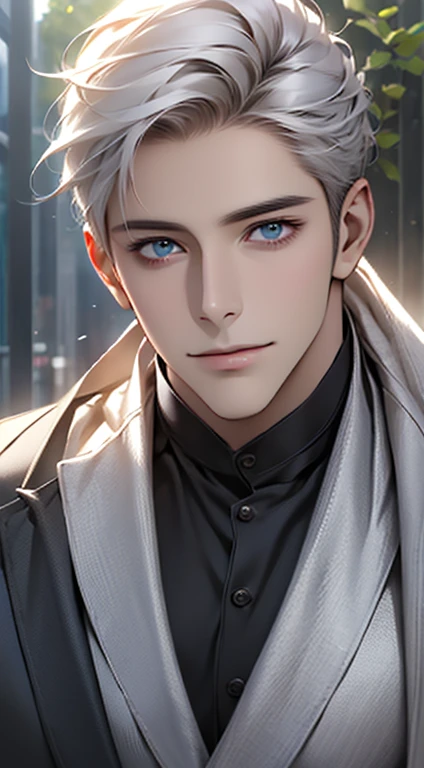(best quality,4k,8k,highres,masterpiece:1.2),ultra-detailed,(realistic,photorealistic,photo-realistic:1.37),1 man,31 years old,mature man,very handsome,without expression,smile,short grey white hair,blue eyes,penetrating gaze,perfect face without errors,imposing posture,businessman,office background,cinematic lighting,hdr image