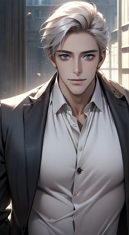 (best quality,4k,8k,highres,masterpiece:1.2),ultra-detailed,(realistic,photorealistic,photo-realistic:1.37),1 man,31 years old,mature man,very handsome,without expression,smile,short grey white hair,blue eyes,penetrating gaze,perfect face without errors,imposing posture,businessman,office background,cinematic lighting,hdr image