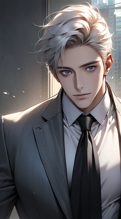 (best quality,4k,8k,highres,masterpiece:1.2),ultra-detailed,(realistic,photorealistic,photo-realistic:1.37),1 man,31 years old,mature man,very handsome,without expression,smile,short grey white hair,blue eyes,penetrating gaze,perfect face without errors,imposing posture,businessman,office background,cinematic lighting,hdr image
