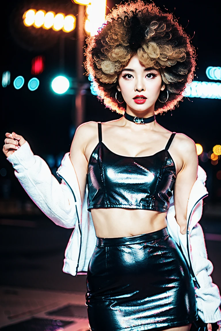 (Cinematic Aesthetic:1.4) Photo of a beautiful korean fashion model bokeh city night with round disco afro wig, bra, super mini skirt,big bust, Clevage, opened black leather jacket, make up, exposed stomach, sexy look, choker