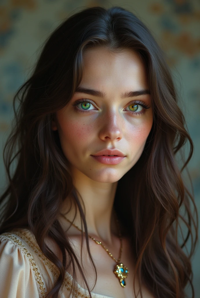 Faluel now looked like a young woman in her mid-twenties, about 1.7 meters (5'7") tall. Her face had an oval shape, with rainbow-colored eyes and long hair that framed her fine features