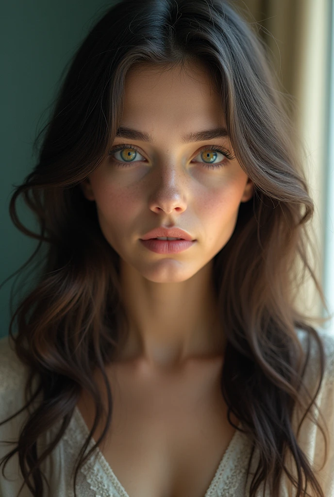 Faluel now looked like a young woman in her mid-twenties, about 1.7 meters (5'7") tall. Her face had an oval shape, with rainbow-colored eyes and long hair that framed her fine features