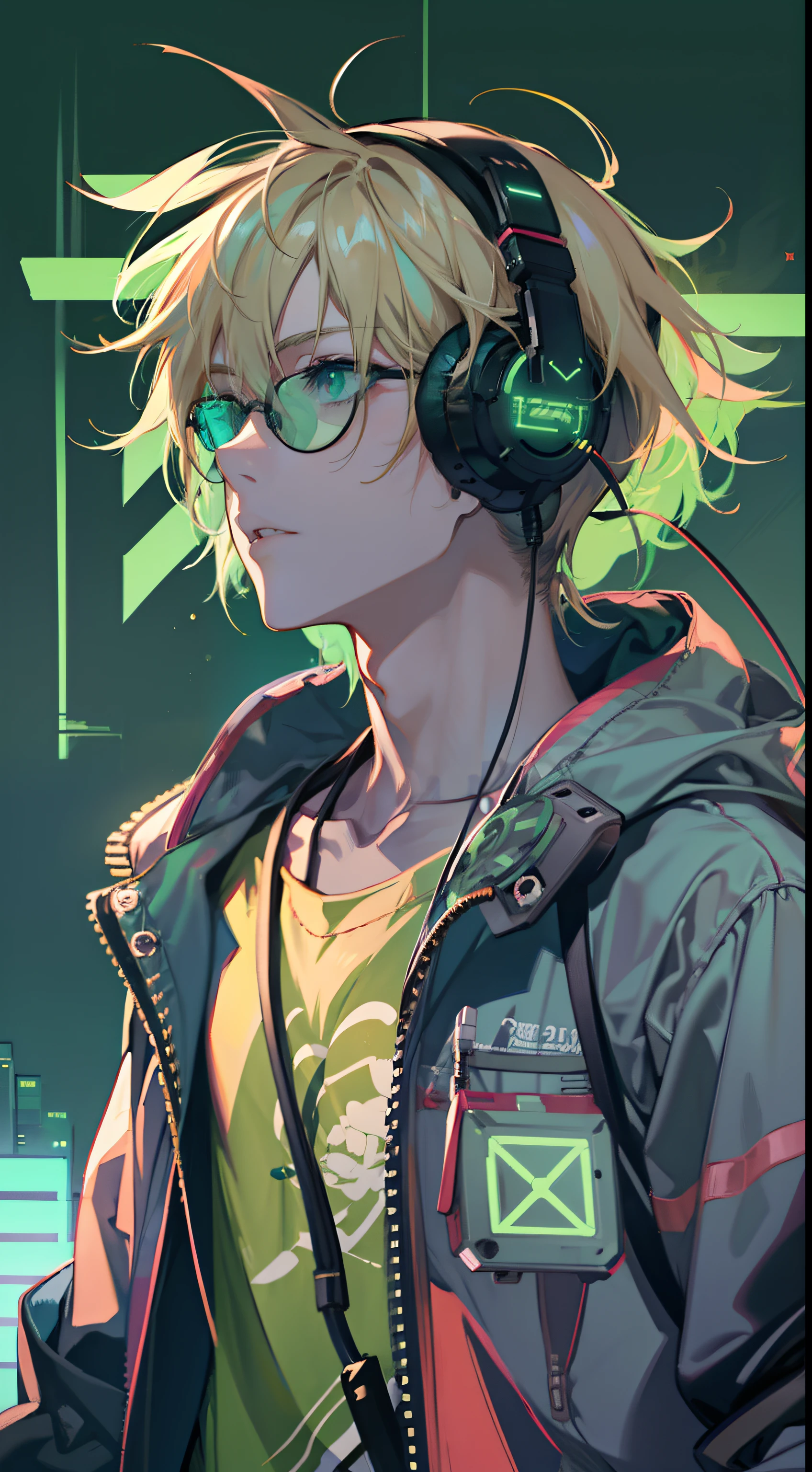 anime 2d boy, gamer, headphone, dark green palette, neon, simple bg, microphones, headphones, streamer, handsome, casual, night, cool, blonde, glasses,