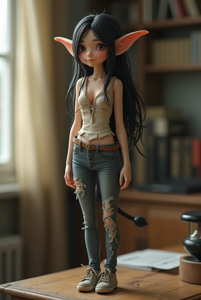 A small adult woman, 20cm tall, with long slender elf-like ears and a tail, adult face, normal sized head, adult body, medium breasts and curvy hips, wearing tattered clothes, standing on top of a desk, in an amie style