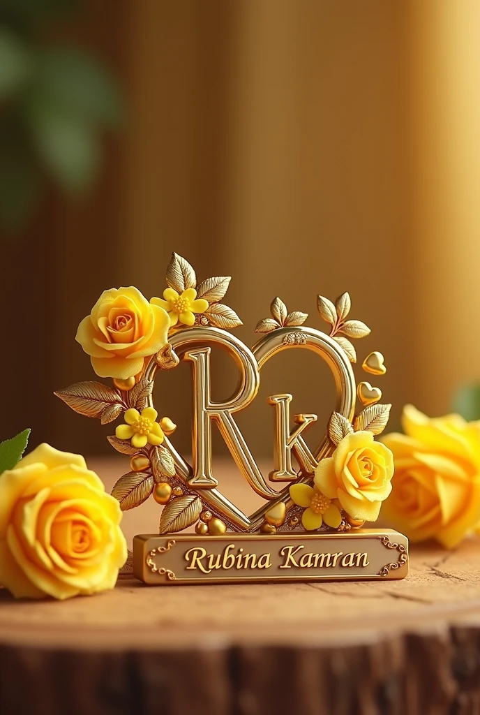This image depicts a beautiful, art green keychain and ornament featuring the letter "R.k" adorned yellow roses and hearts, placed beside a pink flower. Below the golden keychain, there is a name plate with the name"Rubina Kamran" on it the clearly bold latters. The scene is set against a warm wooden background, 16k HDR quality picture.