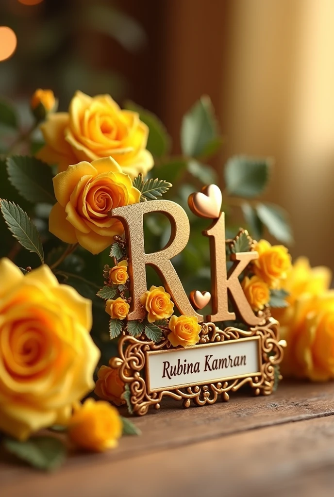 This image depicts a beautiful, art green keychain and ornament featuring the letter "R.k" adorned yellow roses and hearts, placed beside a pink flower. Below the golden keychain, there is a name plate with the name"Rubina Kamran" on it the clearly bold latters. The scene is set against a warm wooden background, 16k HDR quality picture.